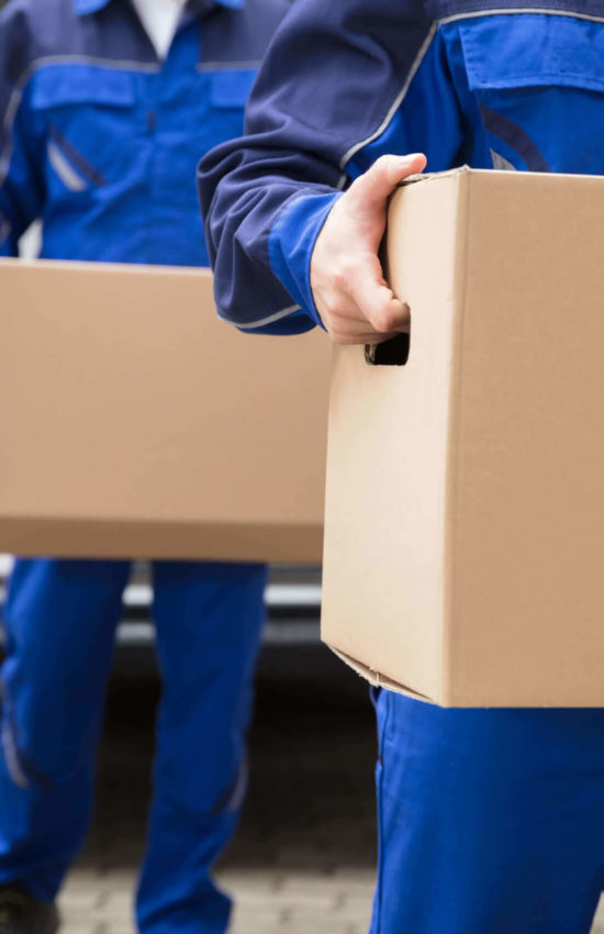 professional cross-country movers carrying cardboard boxes