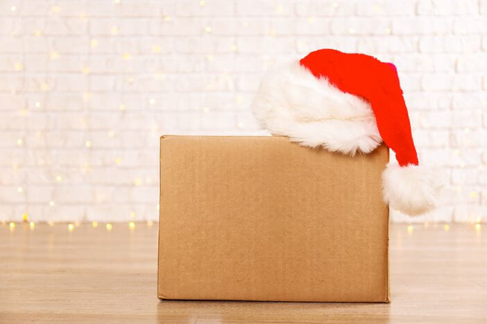 A cardboard package with a Santa hat on it