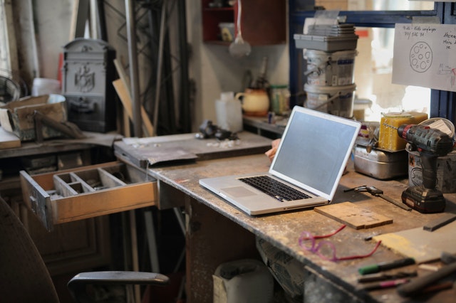 Laptop on garage table