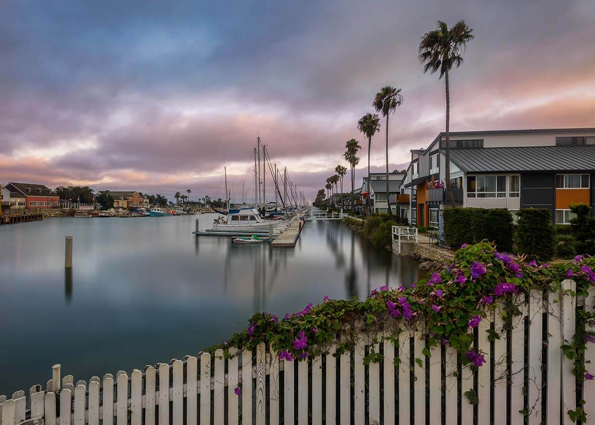 a canal view of some homes in Oxnard, CA