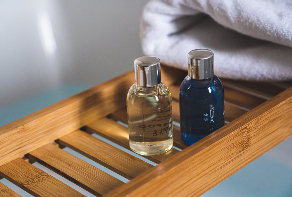 Toiletries on a wooden tray