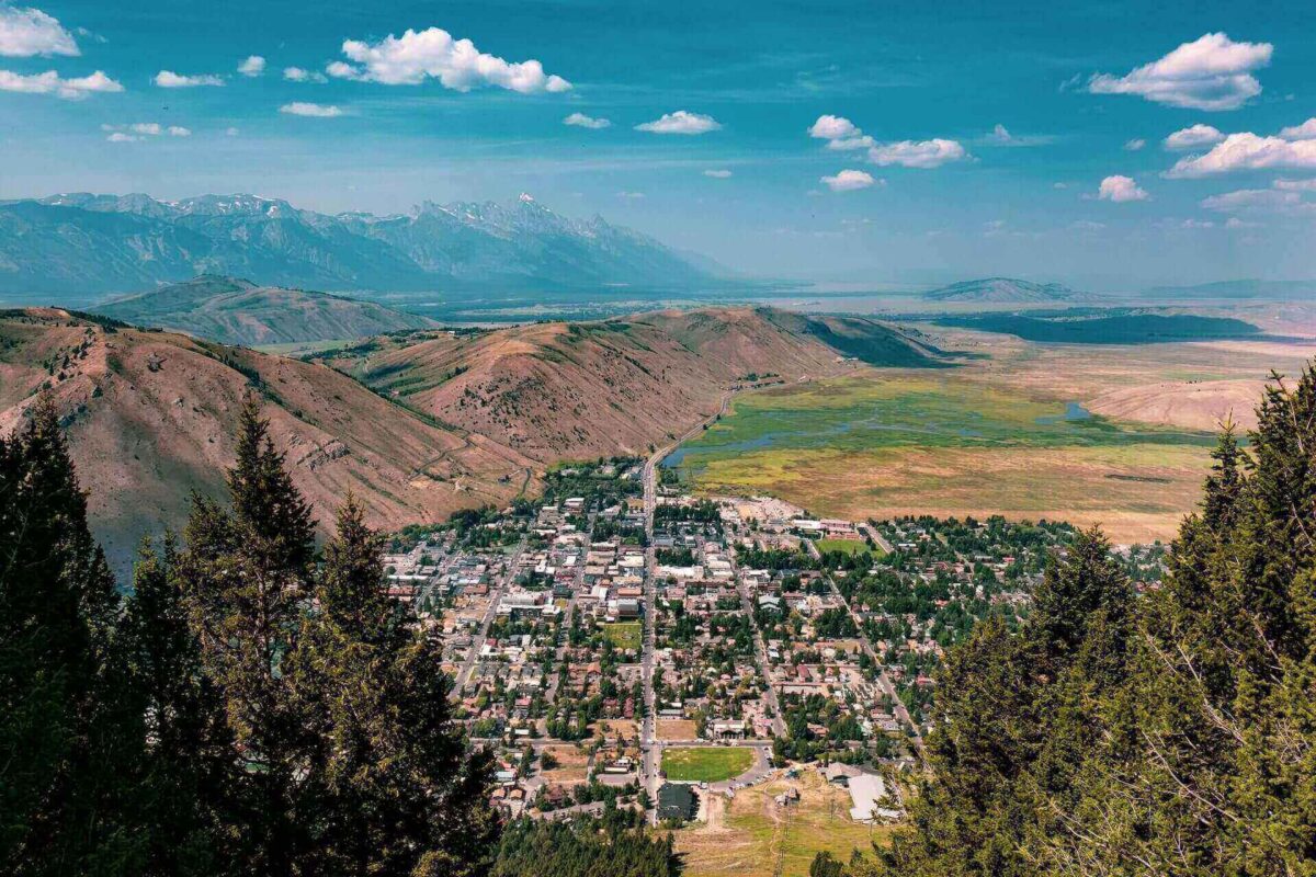 An aerial view of Jackson, Wyoming, you can see after cross-country moving