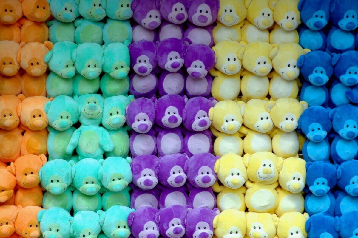Rows of colorful teddy bears