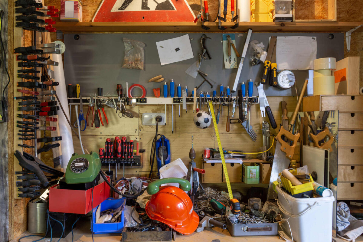 Messy tool station in the garage