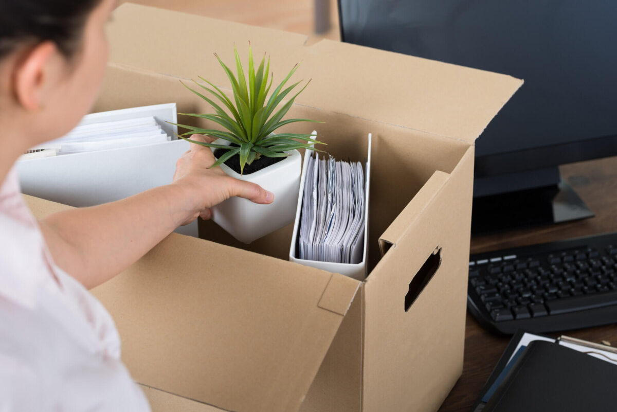 Box with a plant and a binder and a woman packing office suplies