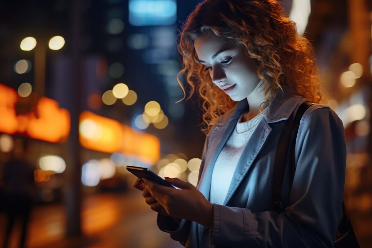 Night city scene, woman using mobile app on the phone under neon lights of street