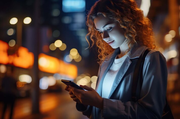 Night city scene, woman using mobile app on the phone under neon lights of street