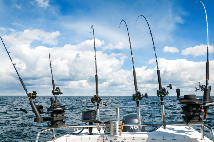 Fishing rods lined on the boat railing