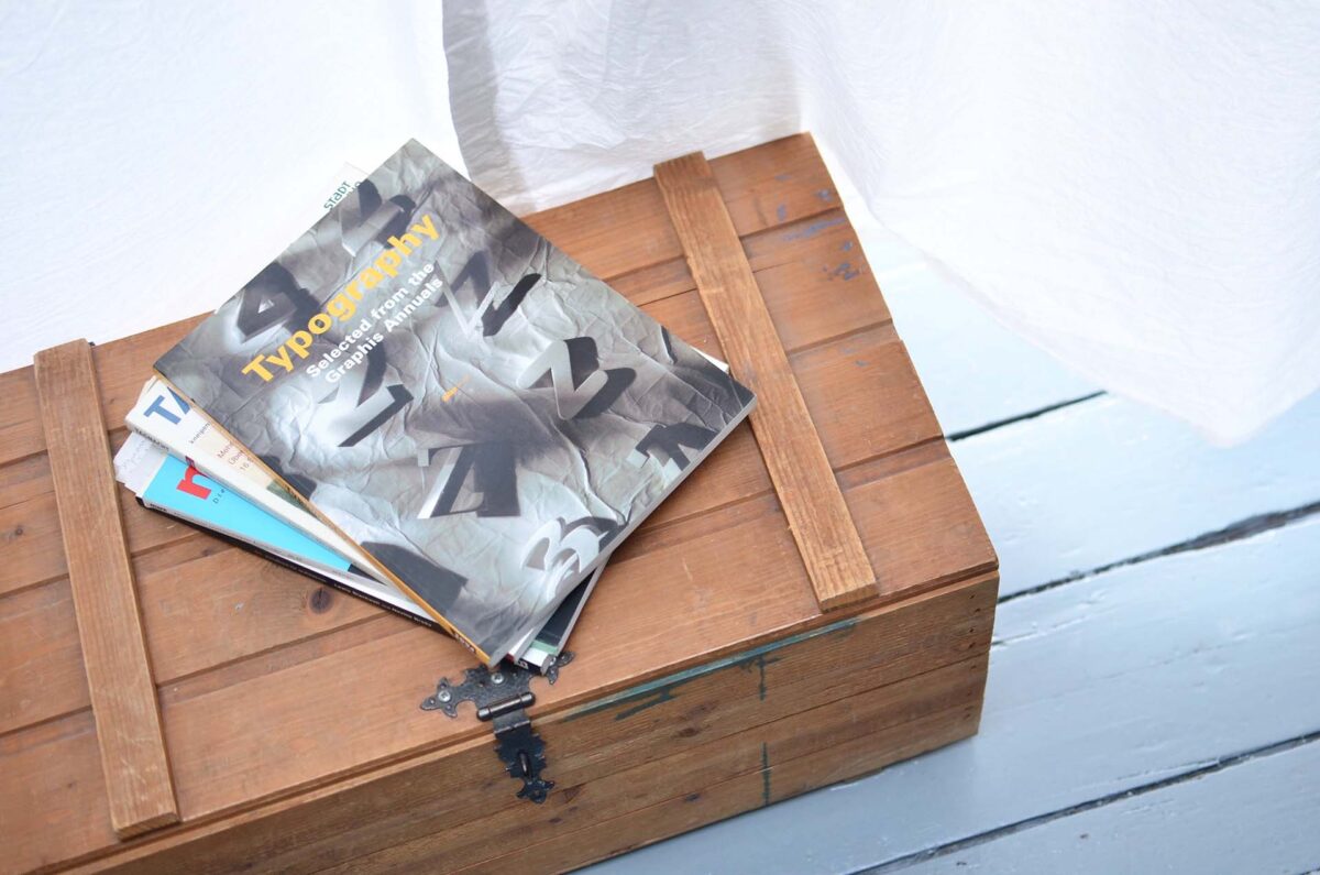 Stack of magazines on a wooden crate