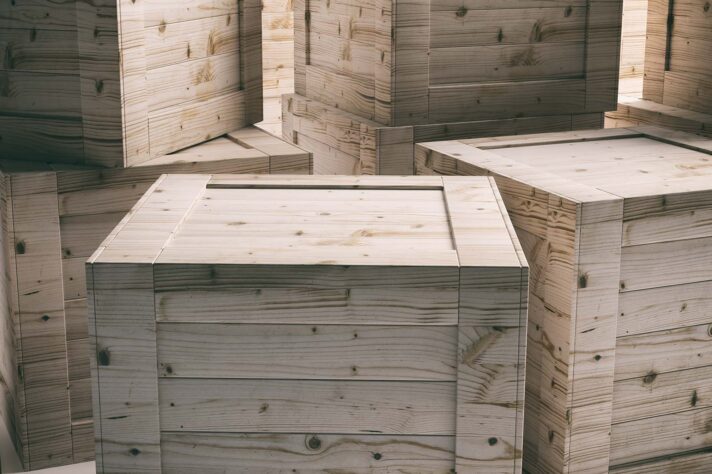 Crates background. Closed wood box containers natural color for transport, shipping. 3d illustration