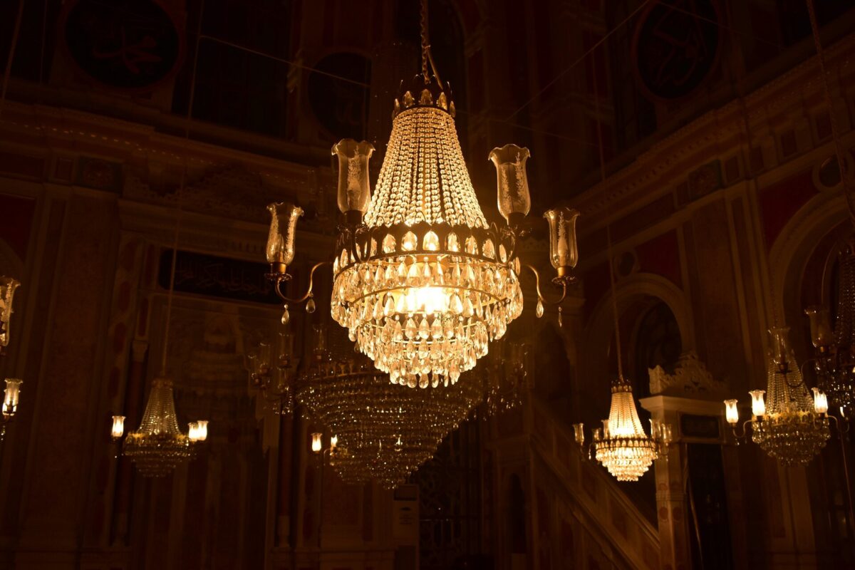 Beautiful chandeliers in a dark room