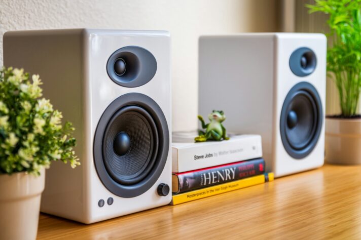 Speakers on a shelf with books