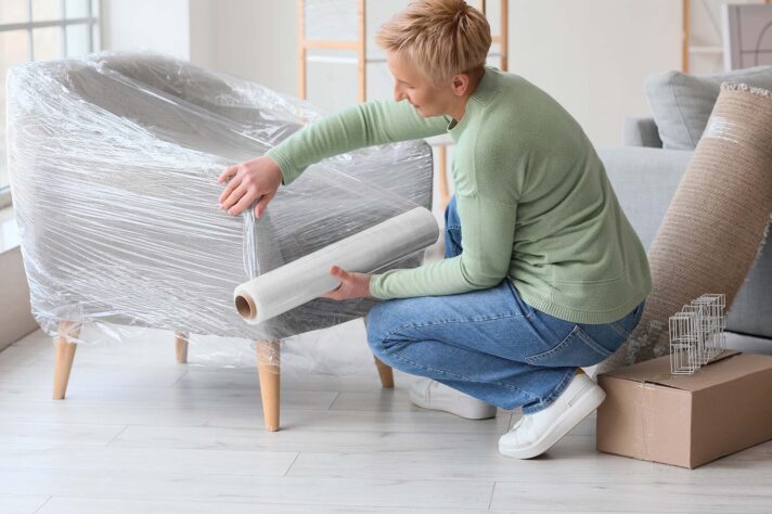Mature woman wrapping armchair with stretch film at home
