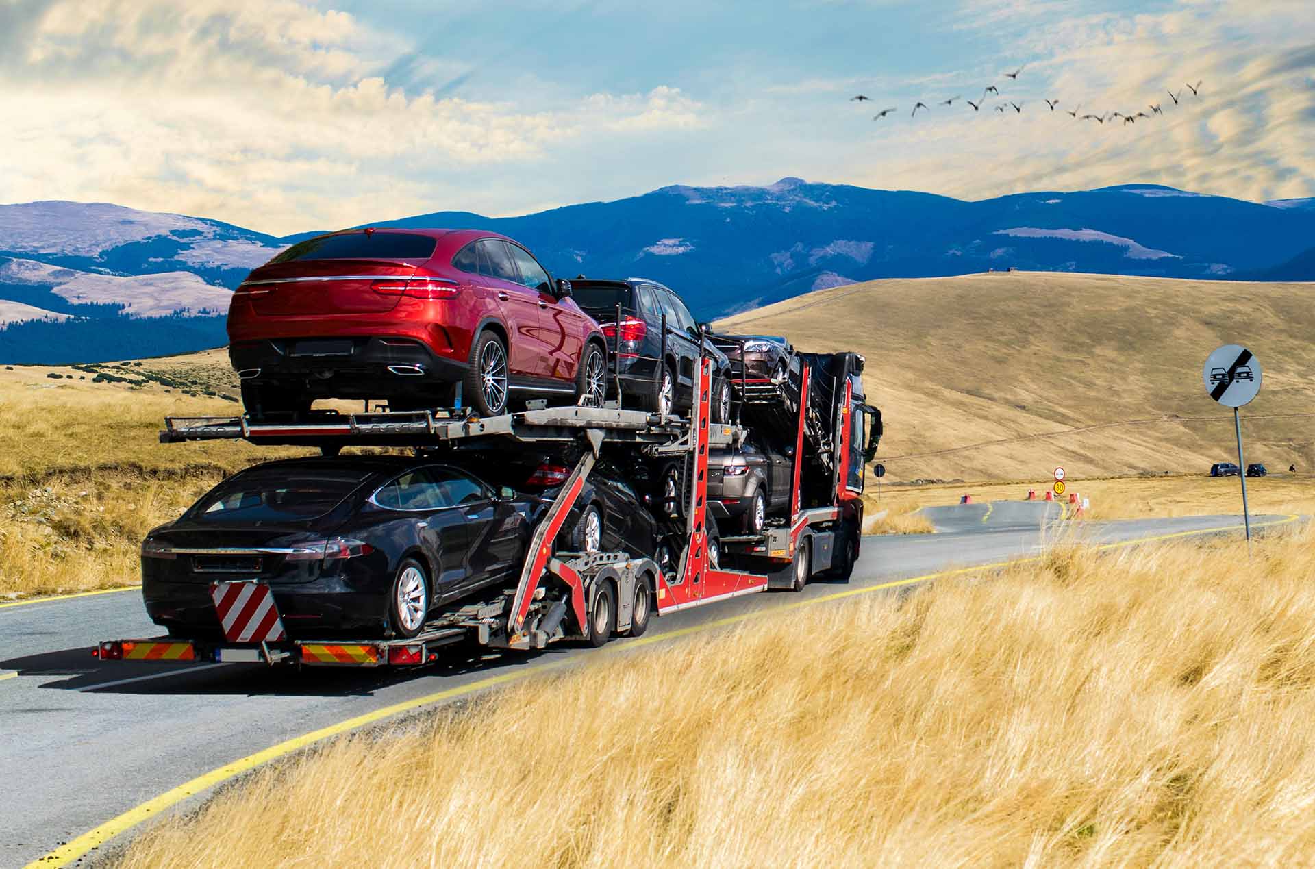 Car transporter truck. In the background mountains, blue skies and flying birds. No logo.